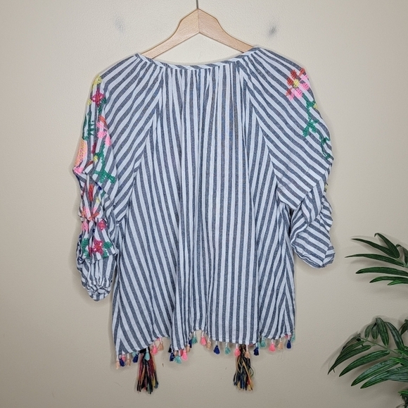 See & Be Seen | Boho Striped Top with Colorful Floral Embroidery Tassel Hem - Picture 4 of 6